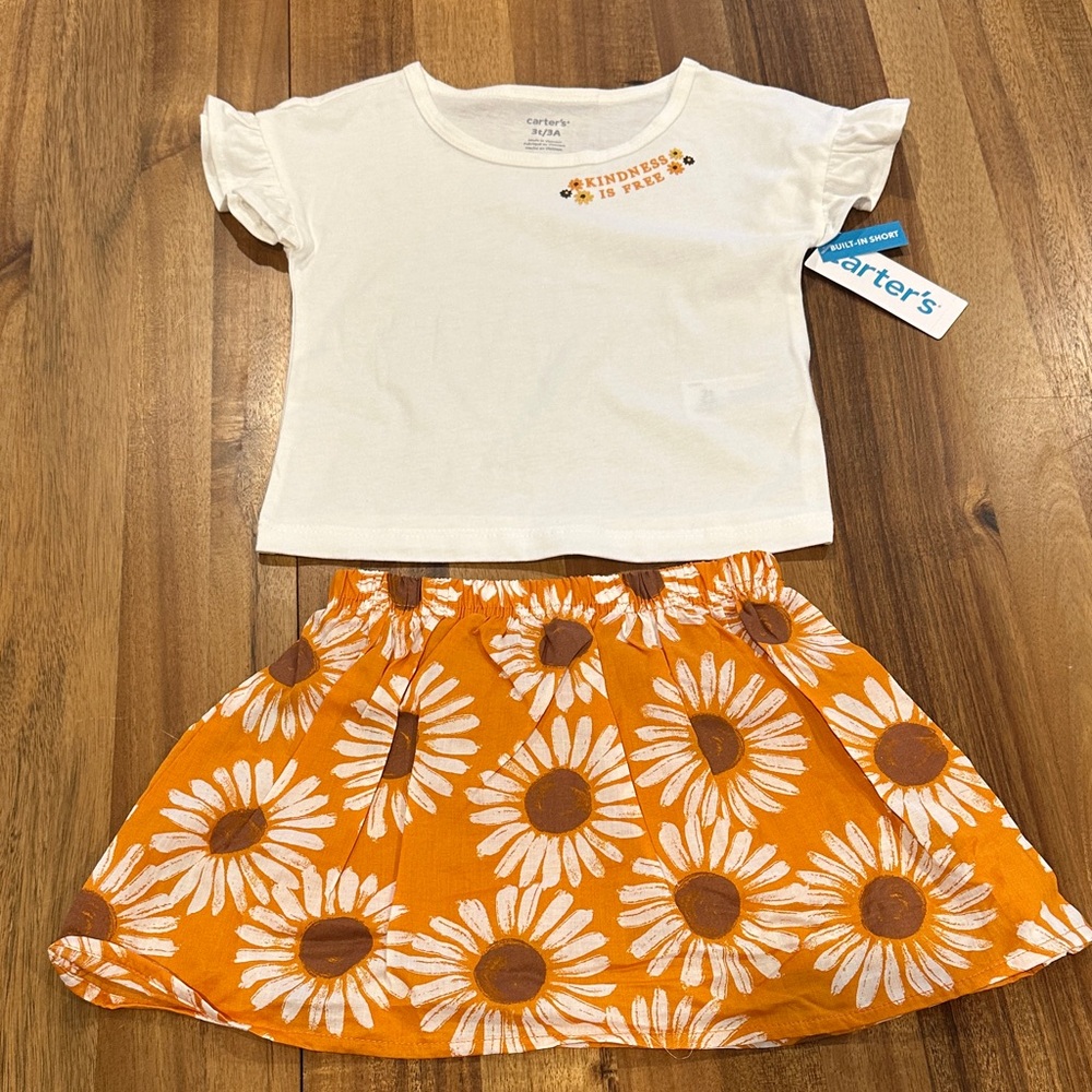 Carter's White Tee and Orange Floral Skirt (with built in shorts)